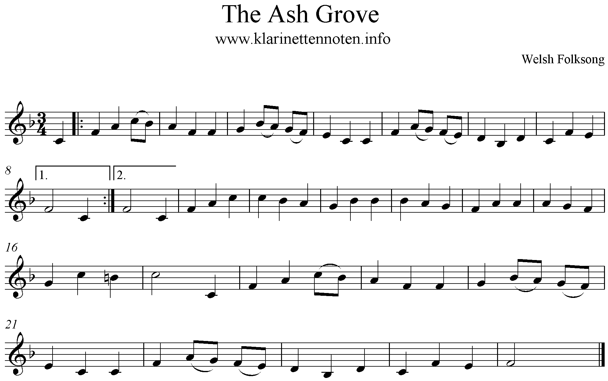 The Ash Grove, Freesheet Music, Clarinet, F-Major